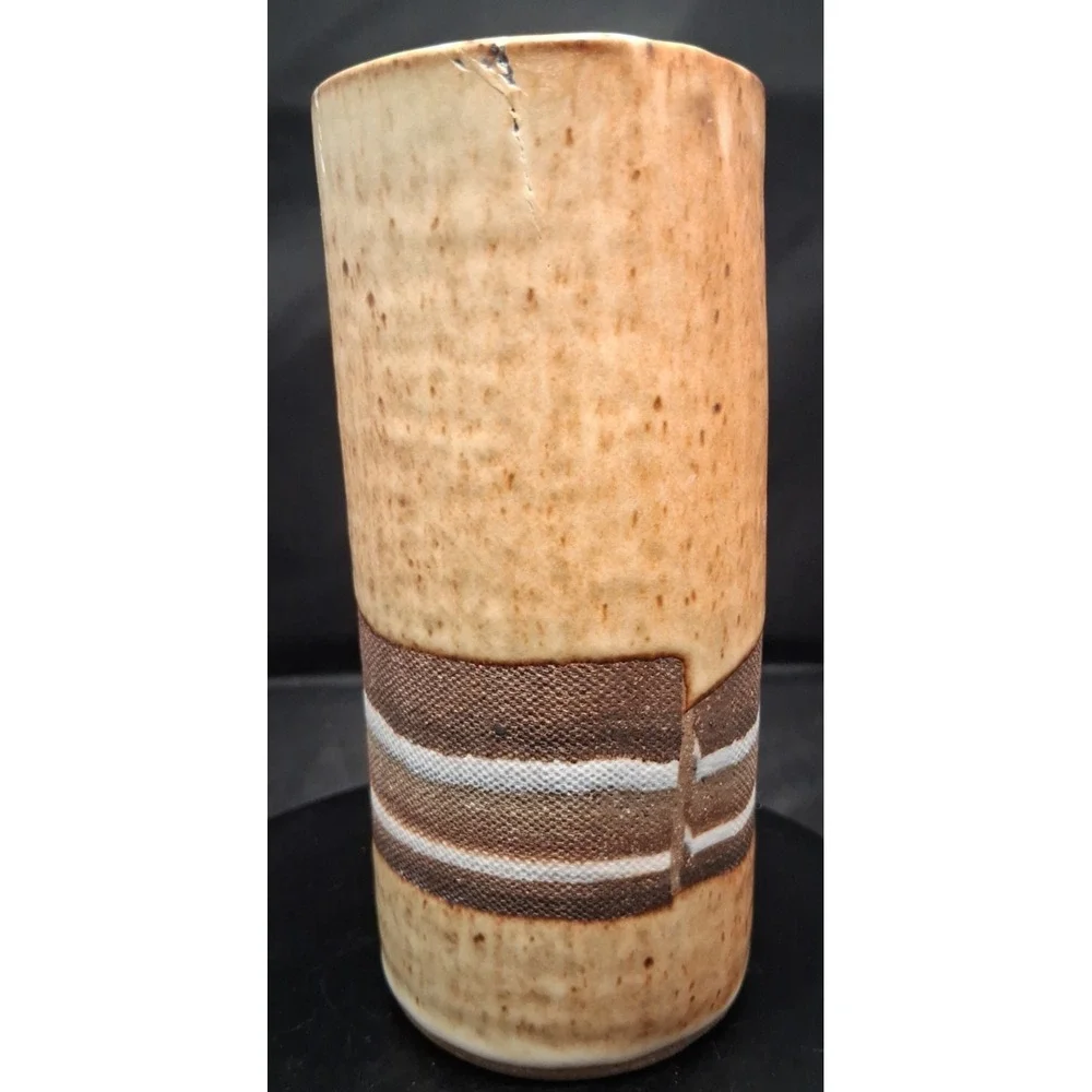 Signed Vintage Studio Pottery Stoneware Vase with Striped Band 5 3/4